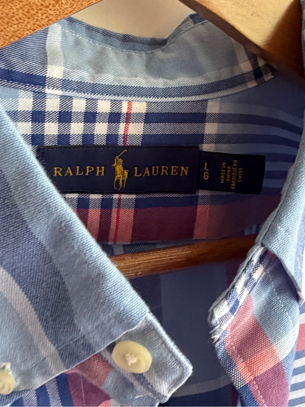 Like new size L Ralph Lauren Light Blue, Navy and Red Plaid Button-Down Shirt. - Picture 4 of 9